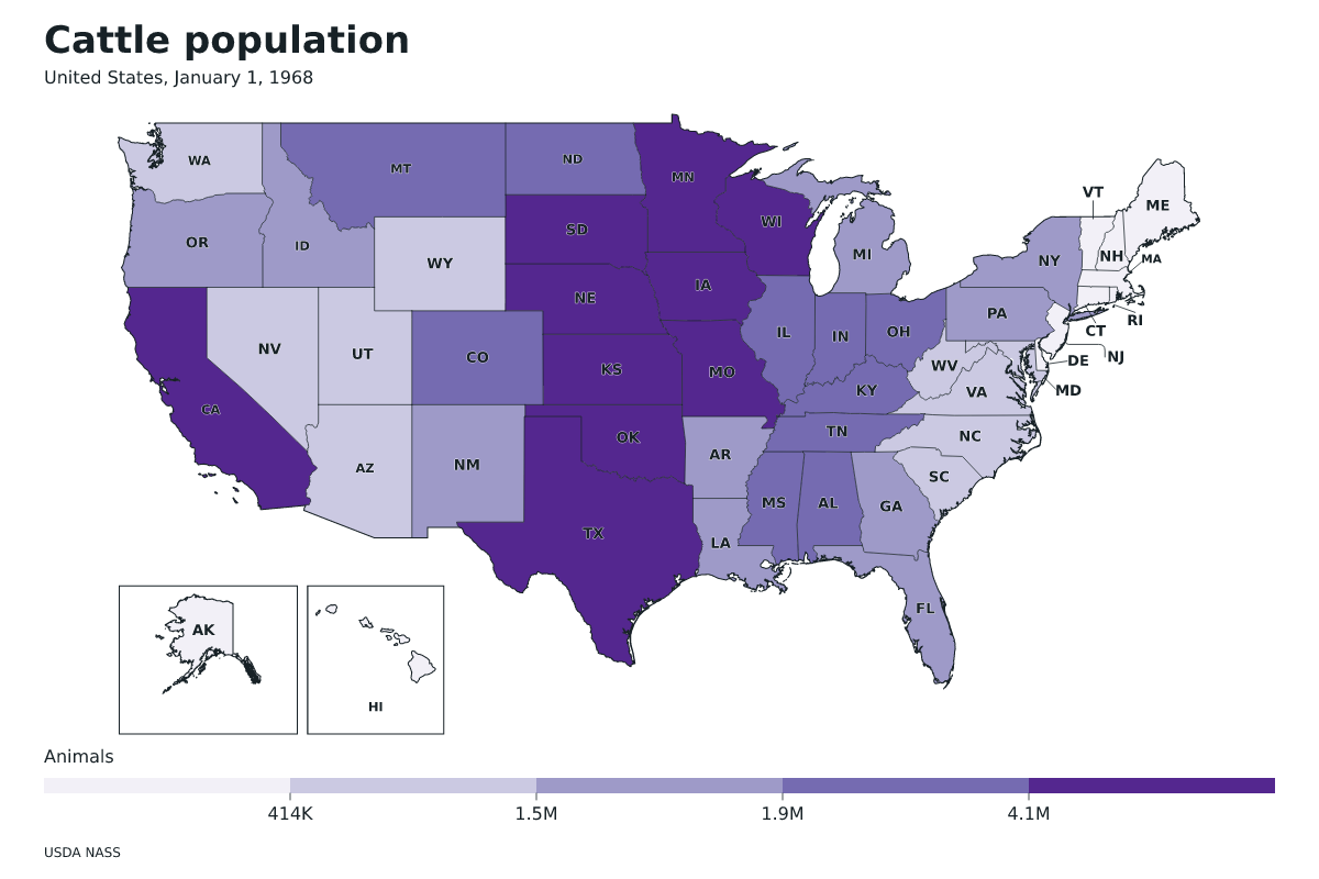 Mapa de datos de Estados Unidos · Cattle population · January 1, 1968 con límites administrativos internos.