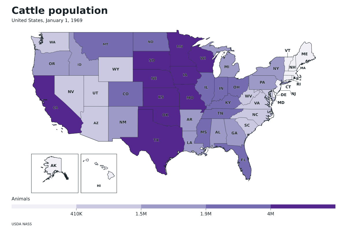 Data map of United States · Cattle population · January 1, 1969 with internal administrative boundaries.