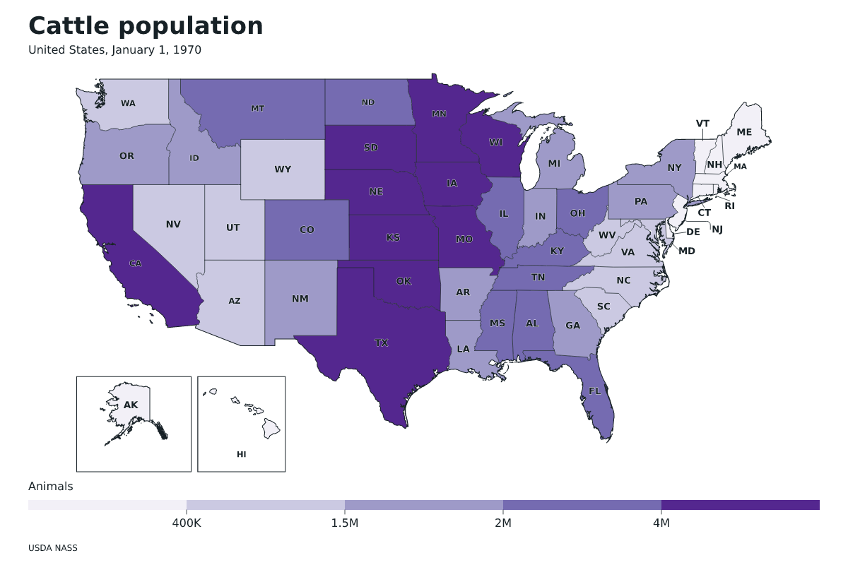 Data map of United States · Cattle population · January 1, 1970 with internal administrative boundaries.
