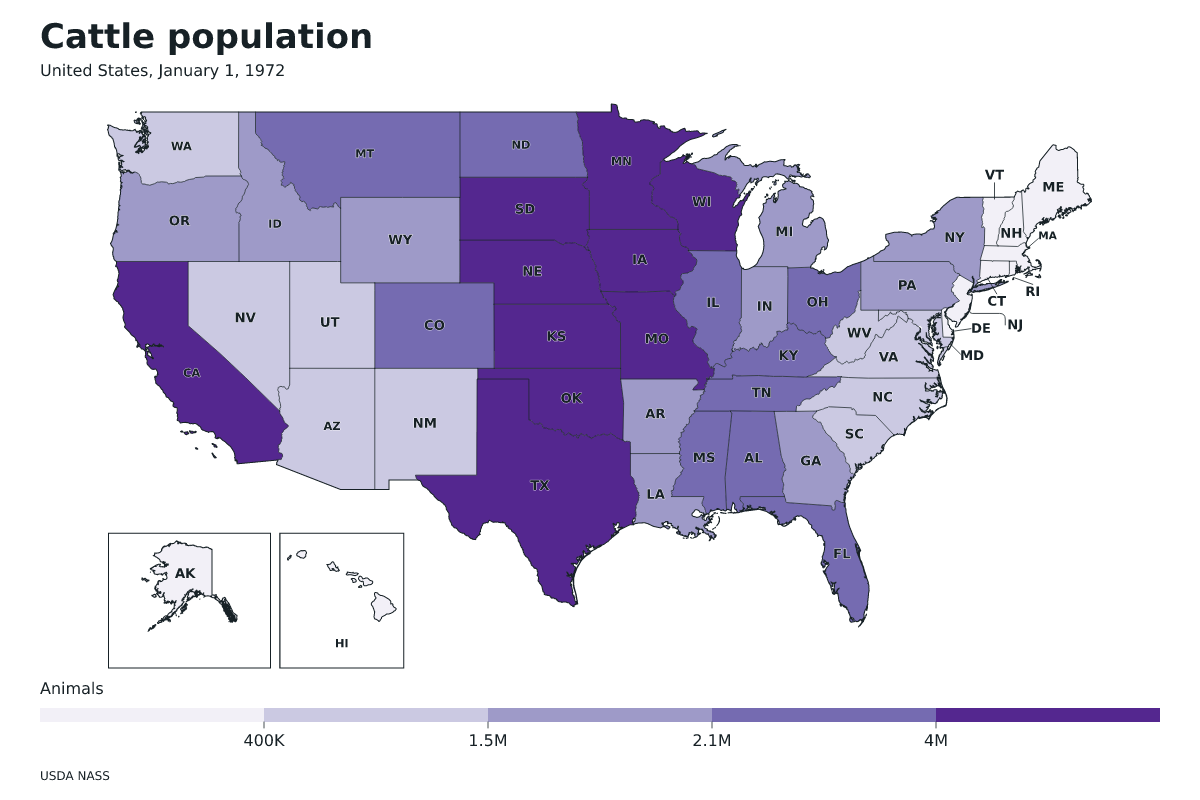 Data map of United States · Cattle population · January 1, 1972 with internal administrative boundaries.