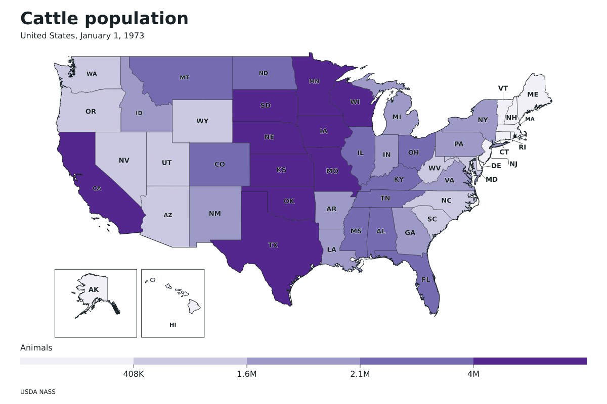 Mapa de datos de Estados Unidos · Cattle population · January 1, 1973 con límites administrativos internos.