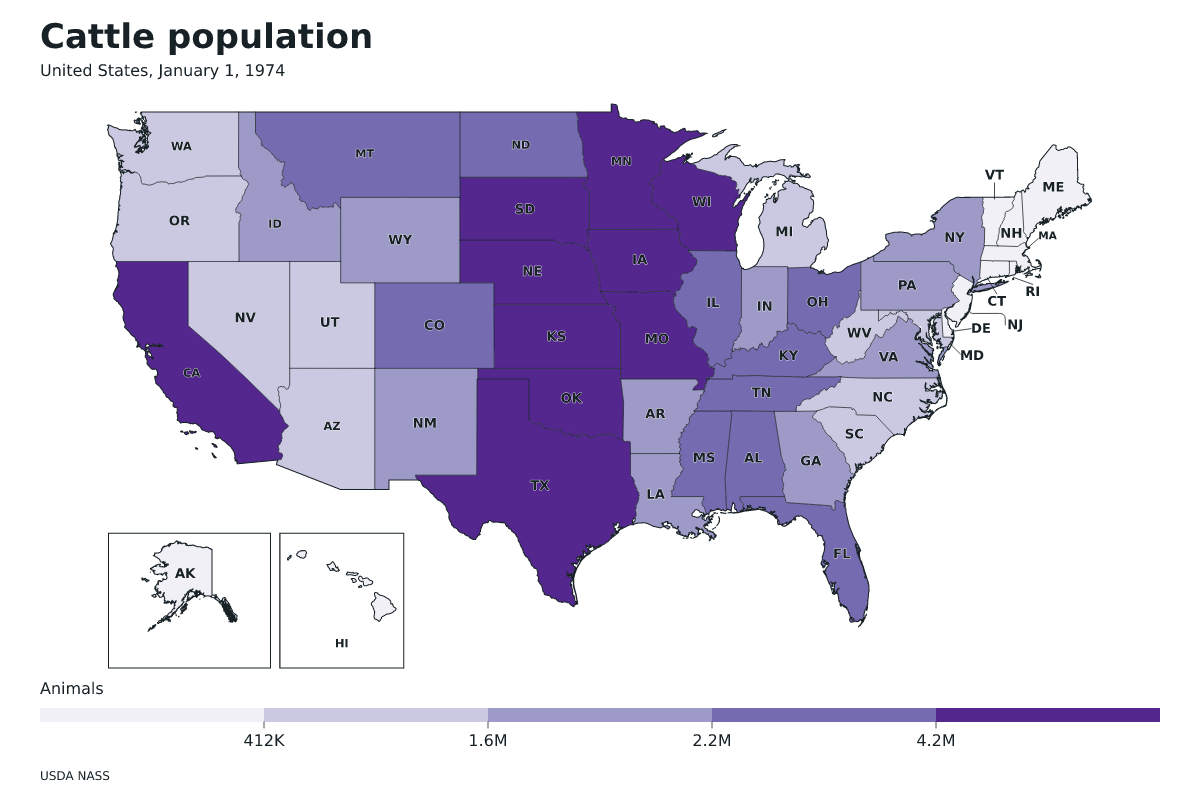 Data map of United States · Cattle population · January 1, 1974 with internal administrative boundaries.