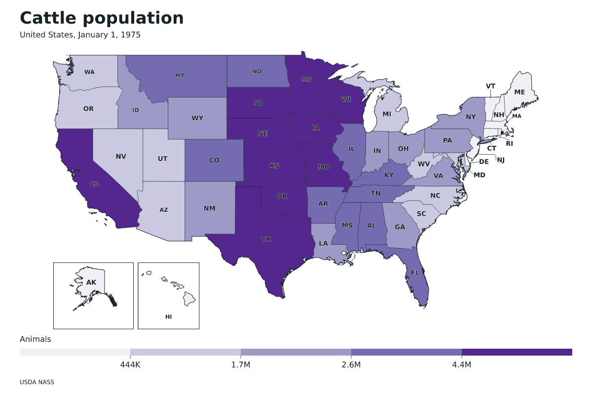 Carte de données de États-Unis · Cattle population · January 1, 1975 avec limites administratives internes.