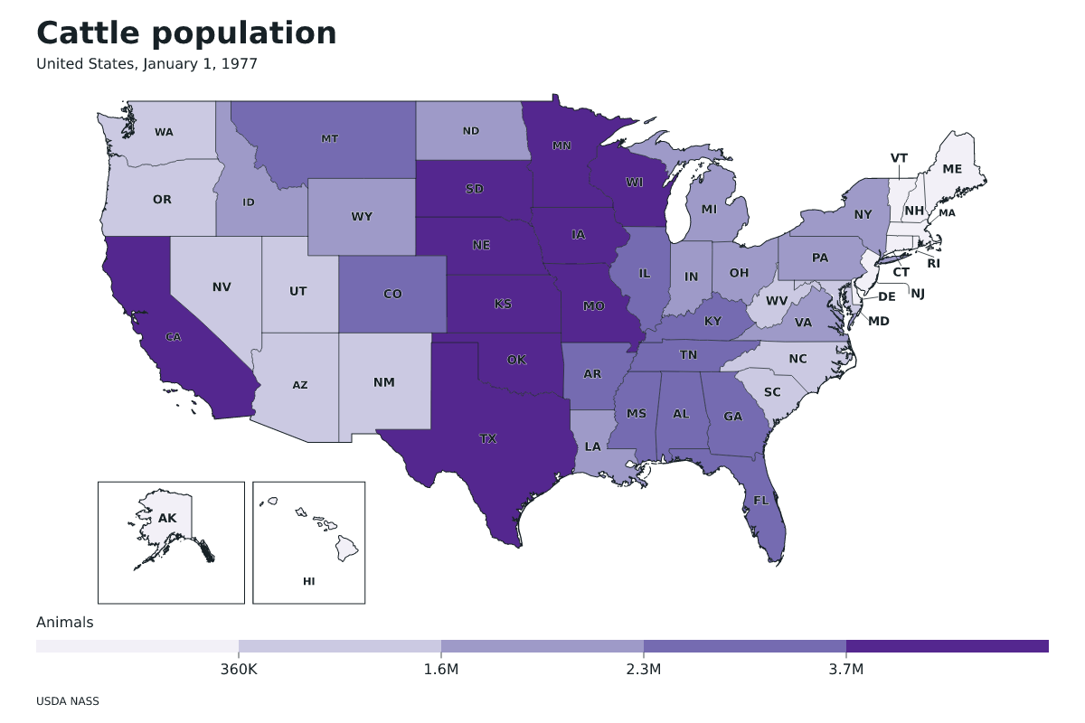 Data map of United States · Cattle population · January 1, 1977 with internal administrative boundaries.
