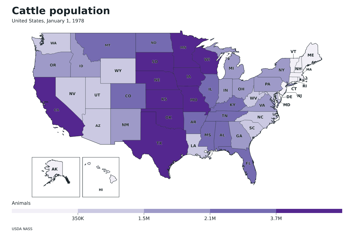Data map of United States · Cattle population · January 1, 1978 with internal administrative boundaries.