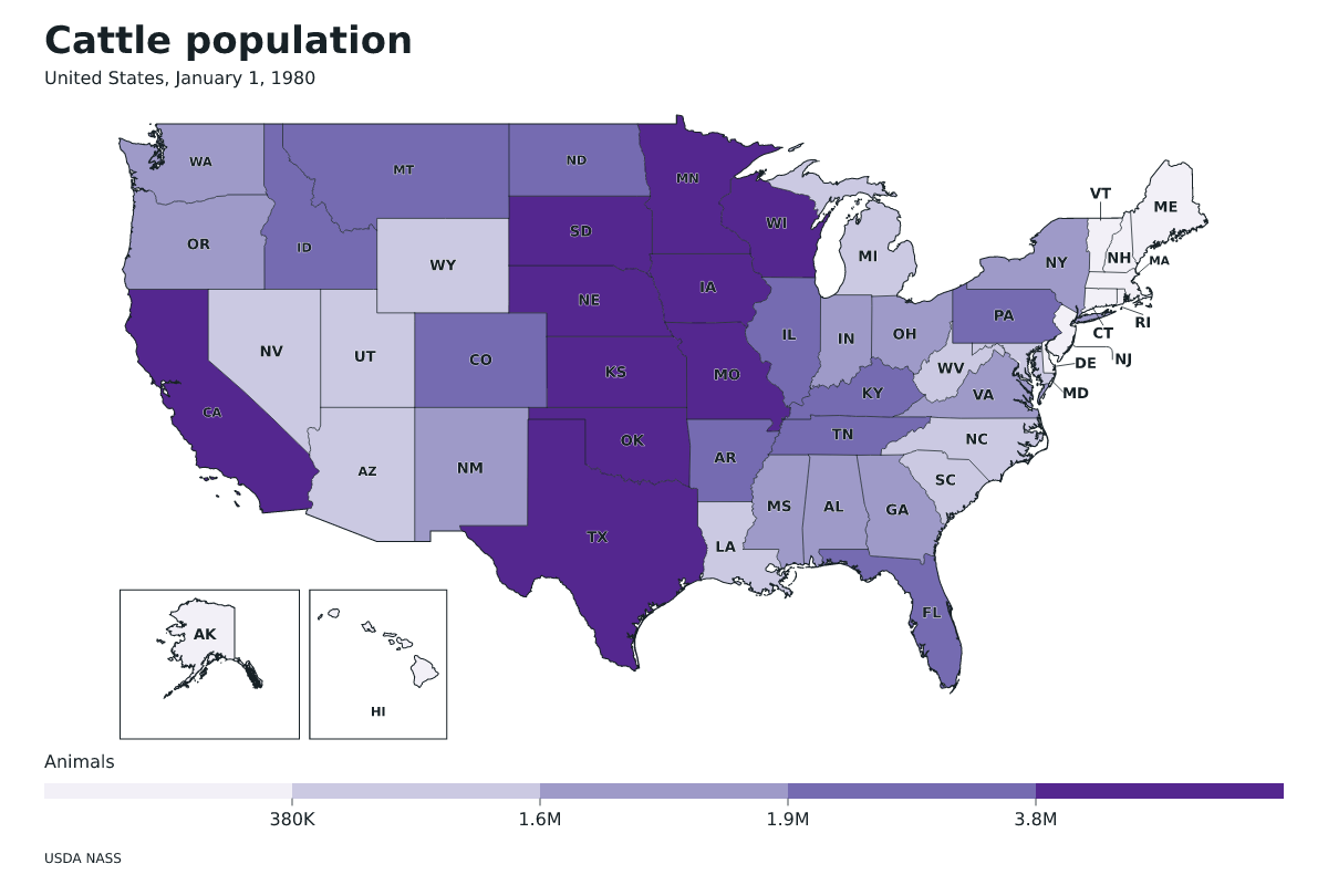 Data map of United States · Cattle population · January 1, 1980 with internal administrative boundaries.