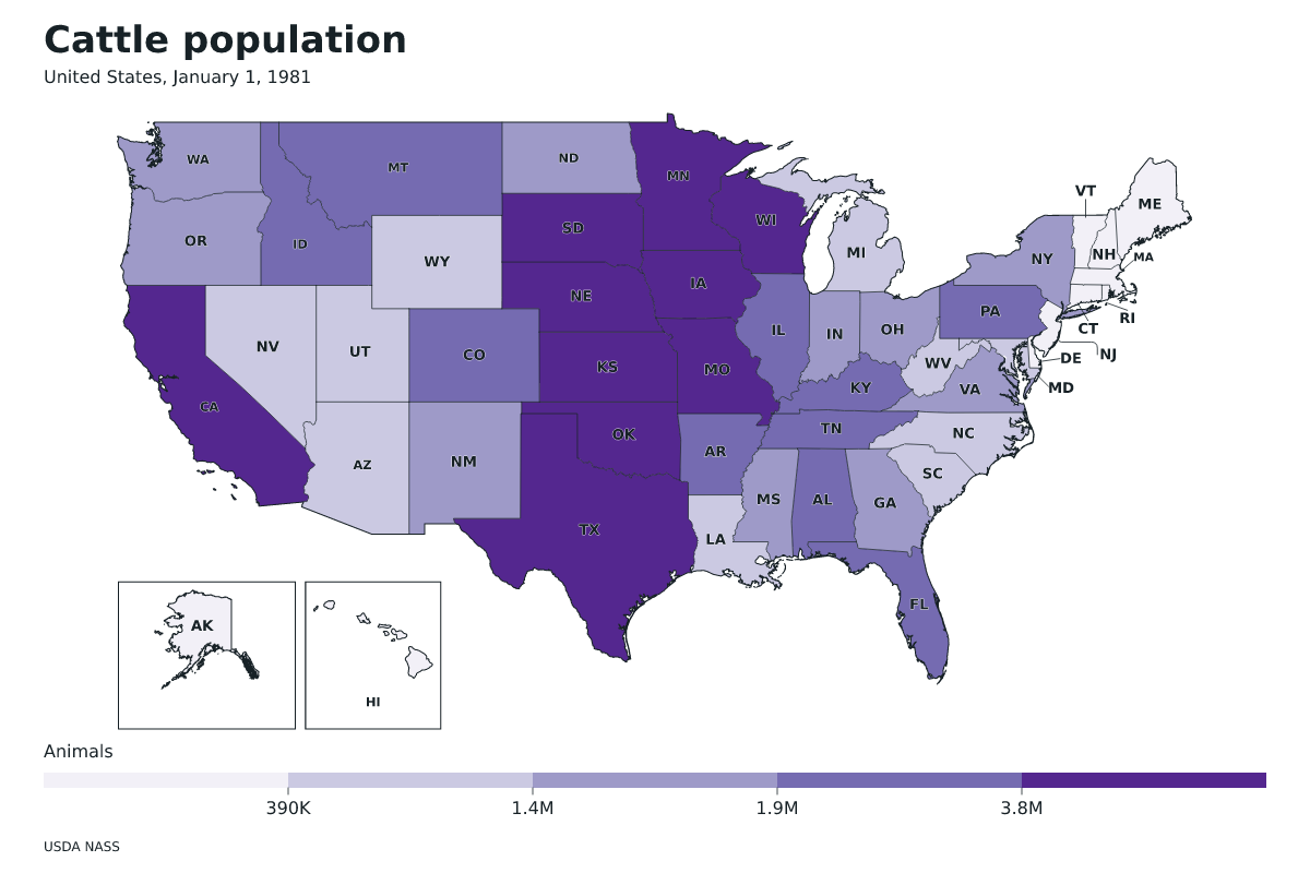Data map of United States · Cattle population · January 1, 1981 with internal administrative boundaries.
