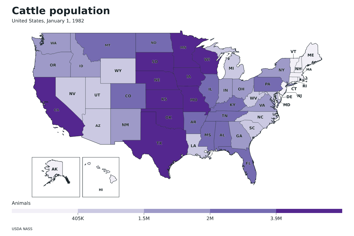 Data map of United States · Cattle population · January 1, 1982 with internal administrative boundaries.