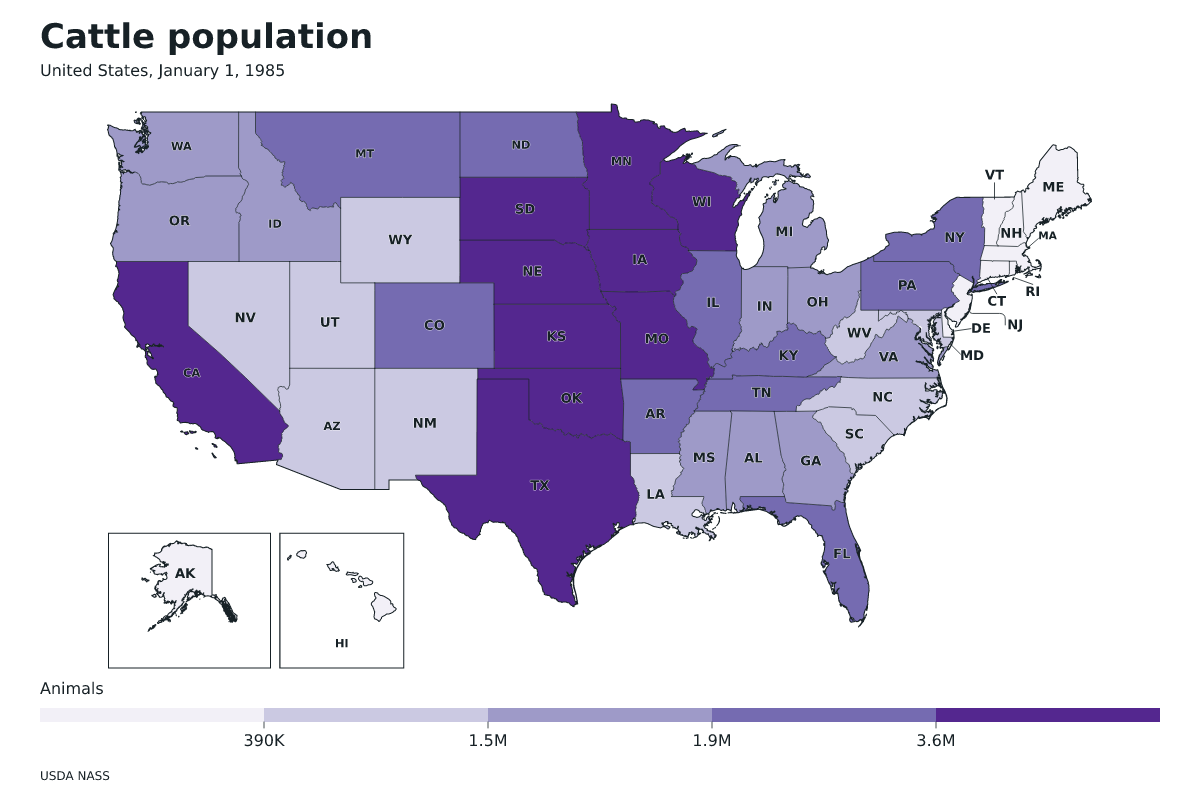 Data map of United States · Cattle population · January 1, 1985 with internal administrative boundaries.