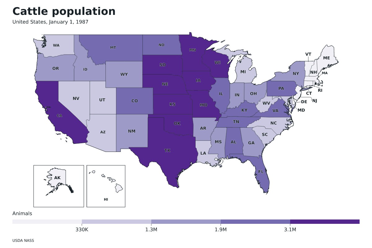 Data map of United States · Cattle population · January 1, 1987 with internal administrative boundaries.