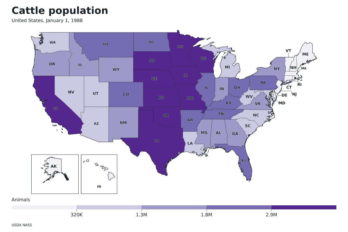 Data map of United States · Cattle population · January 1, 1988 with internal administrative boundaries.