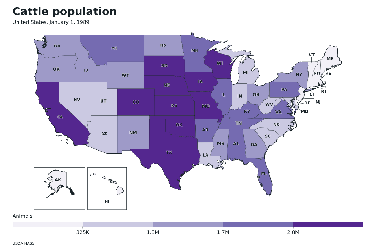 Carte de données de États-Unis · Cattle population · January 1, 1989 avec limites administratives internes.
