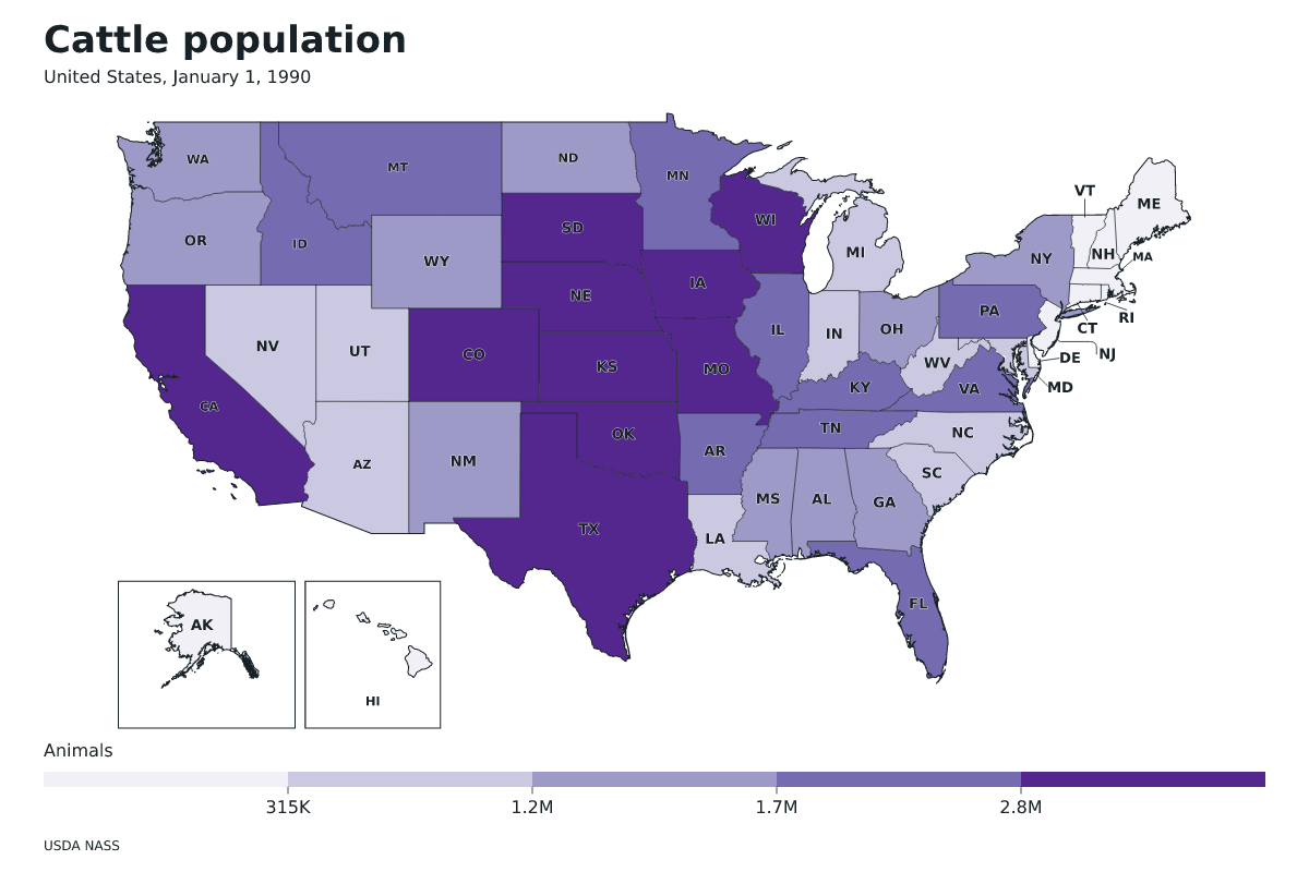 Data map of United States · Cattle population · January 1, 1990 with internal administrative boundaries.