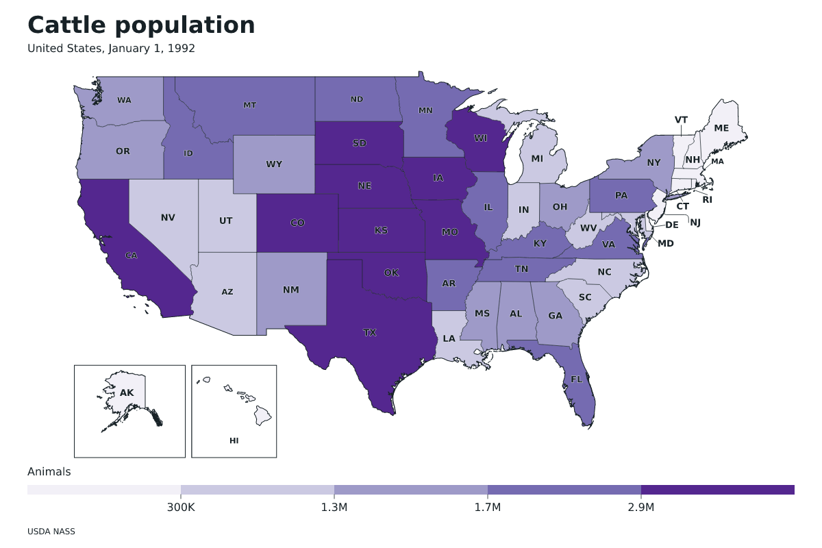 Data map of United States · Cattle population · January 1, 1992 with internal administrative boundaries.