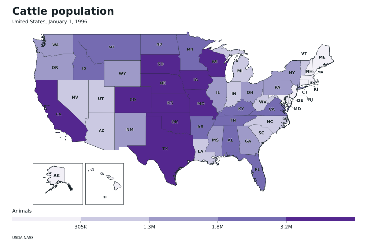 Data map of United States · Cattle population · January 1, 1996 with internal administrative boundaries.