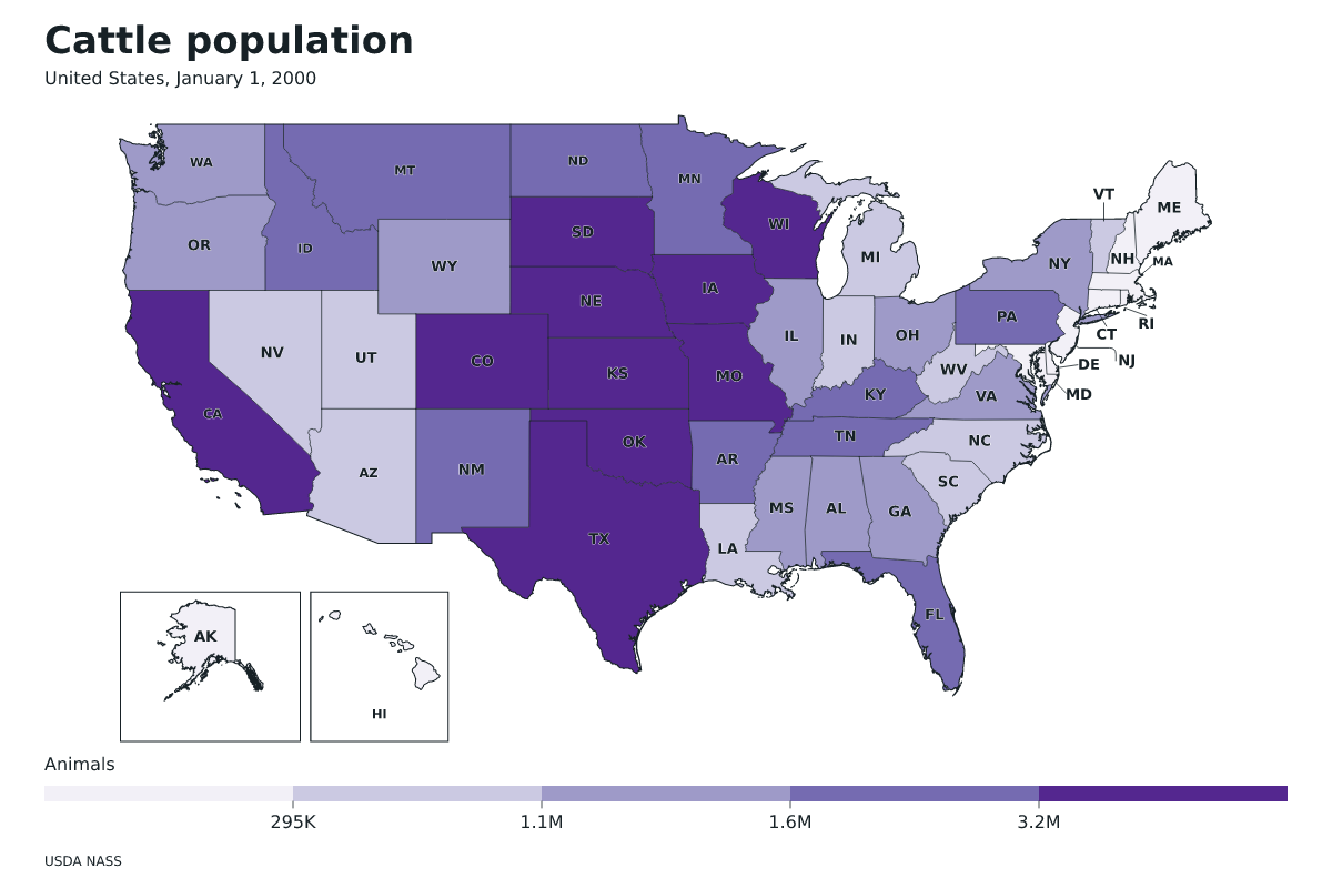 Data map of United States · Cattle population · January 1, 2000 with internal administrative boundaries.
