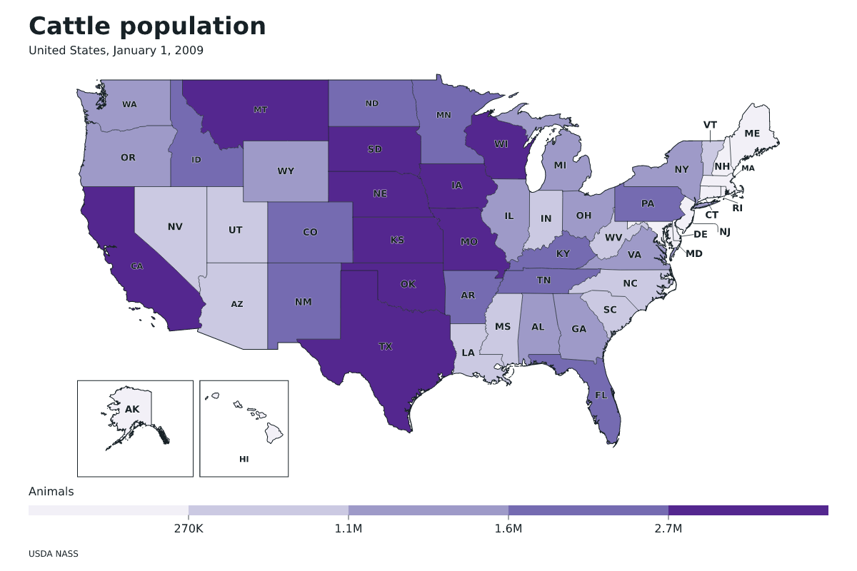 Data map of United States · Cattle population · January 1, 2009 with internal administrative boundaries.