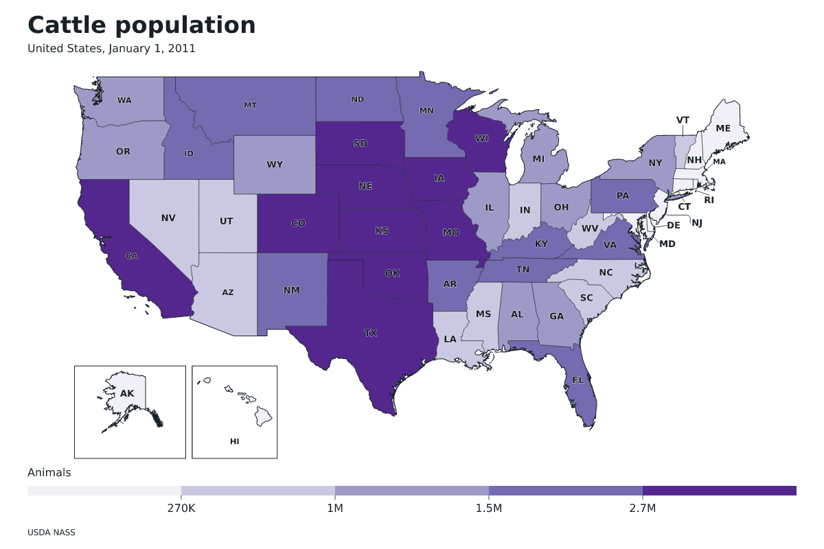 Data map of United States · Cattle population · January 1, 2011 with internal administrative boundaries.