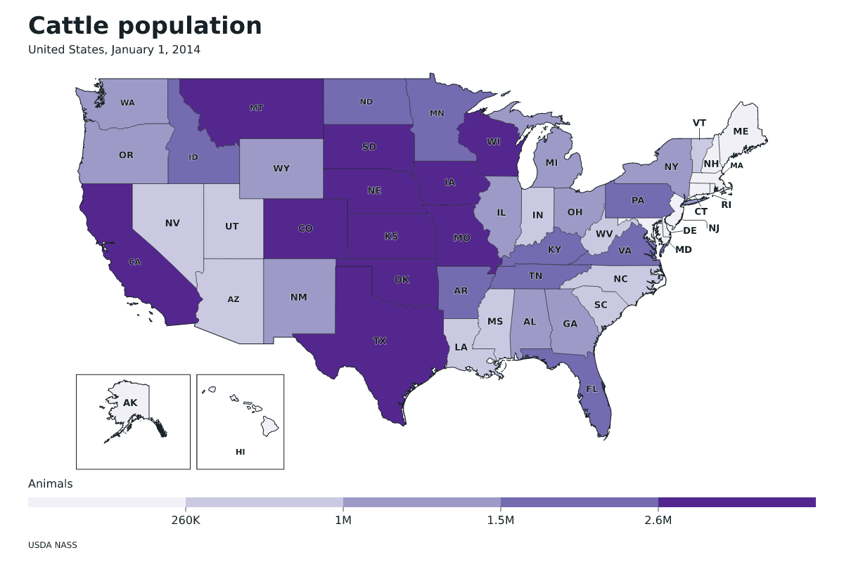 Data map of United States · Cattle population · January 1, 2014 with internal administrative boundaries.
