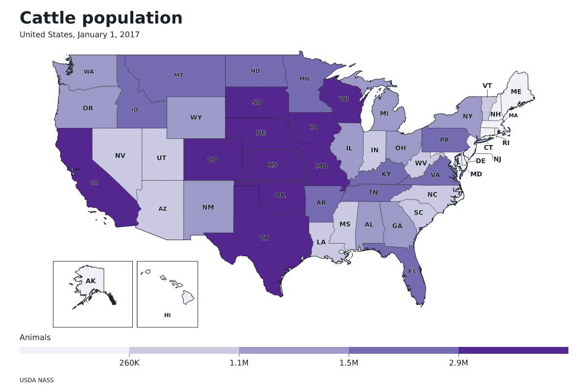 Data map of United States · Cattle population · January 1, 2017 with internal administrative boundaries.