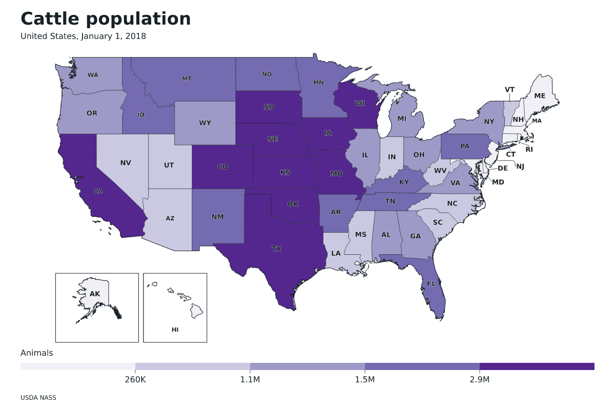 Data map of United States · Cattle population · January 1, 2018 with internal administrative boundaries.