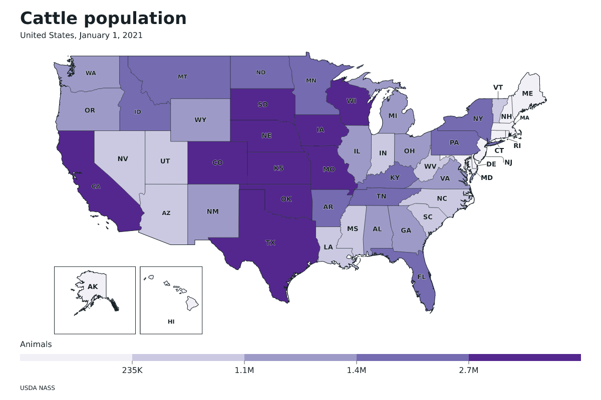 Carte de données de États-Unis · Cattle population · January 1, 2021 avec limites administratives internes.