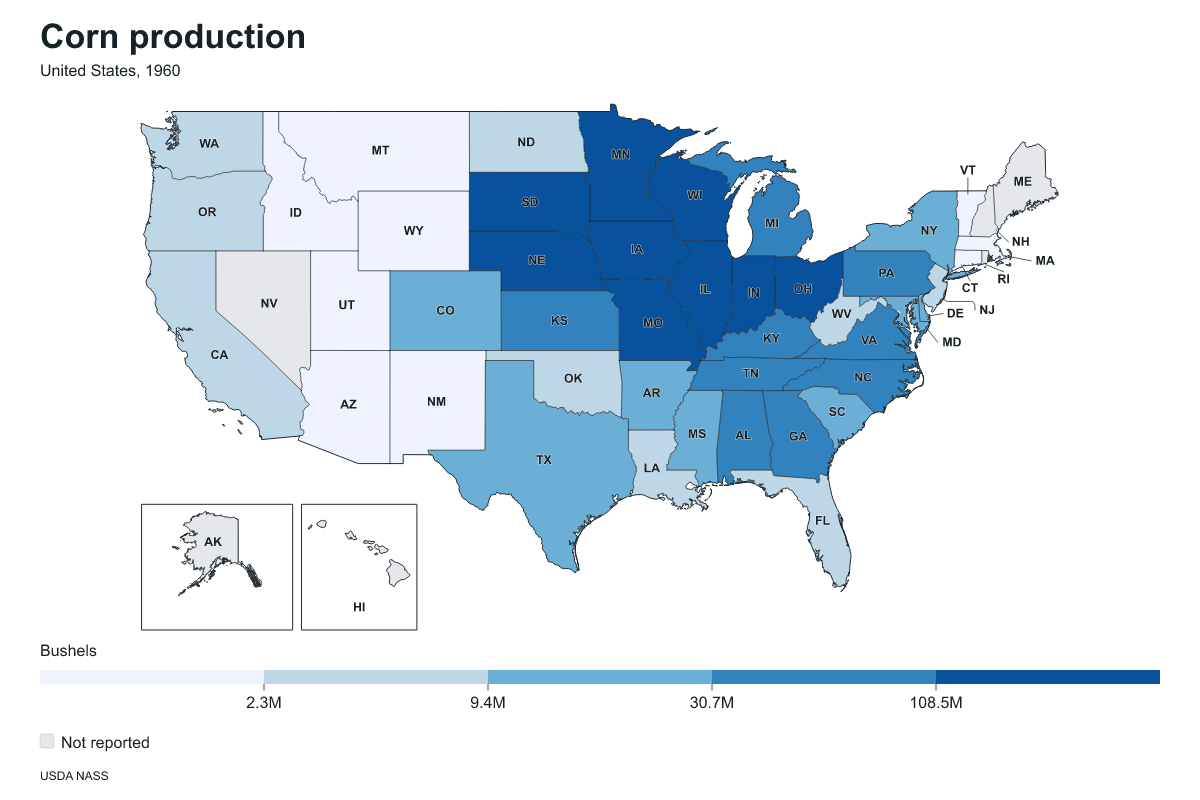 Corn production by state in United States, 1960. Measured in bushels of corn. Source: USDA National Agricultural Statistics Service (NASS).