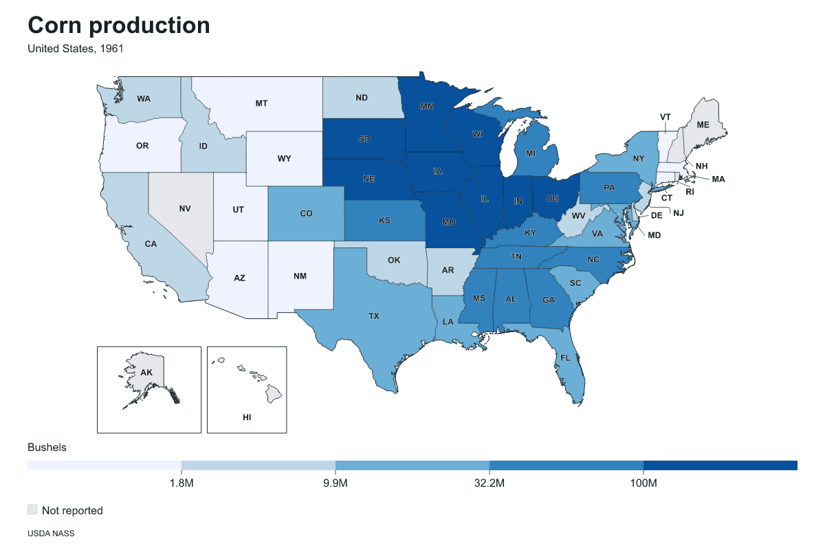 Corn production by state in United States, 1961. Measured in bushels of corn. Source: USDA National Agricultural Statistics Service (NASS).