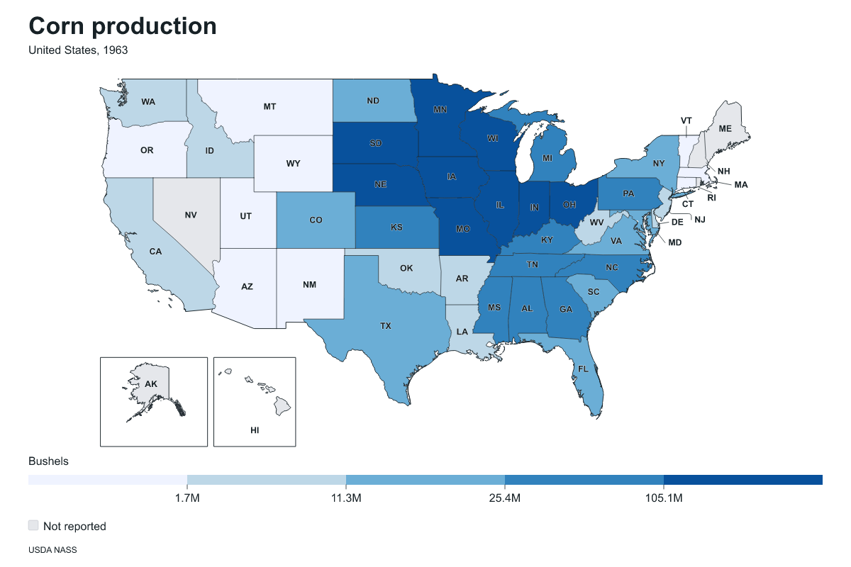 Corn production by state in United States, 1963. Measured in bushels of corn. Source: USDA National Agricultural Statistics Service (NASS).