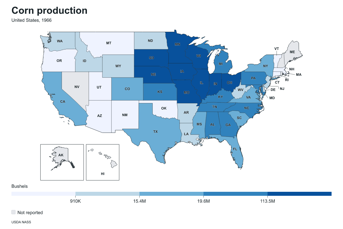 Corn production by state in United States, 1966. Measured in bushels of corn. Source: USDA National Agricultural Statistics Service (NASS).