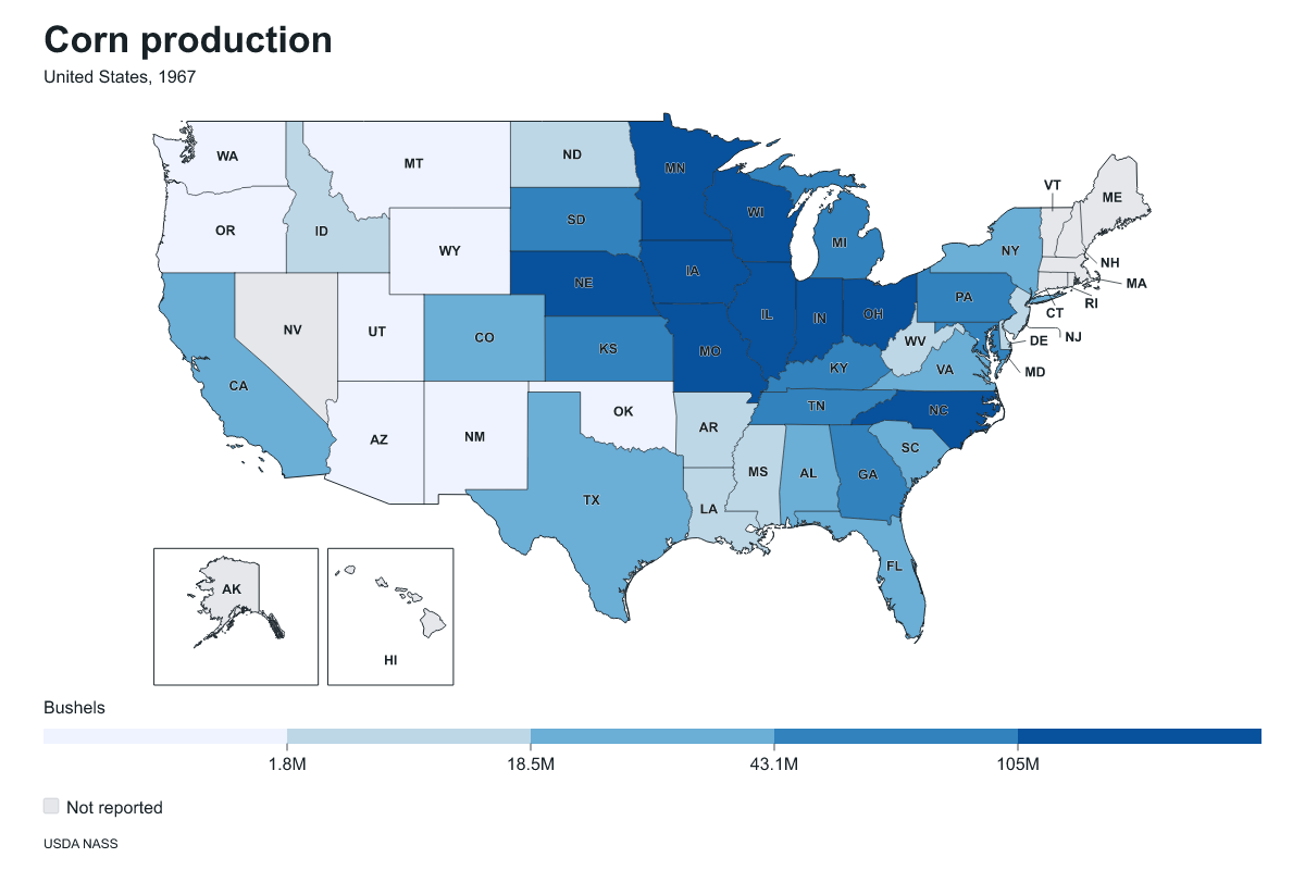Corn production by state in United States, 1967. Measured in bushels of corn. Source: USDA National Agricultural Statistics Service (NASS).