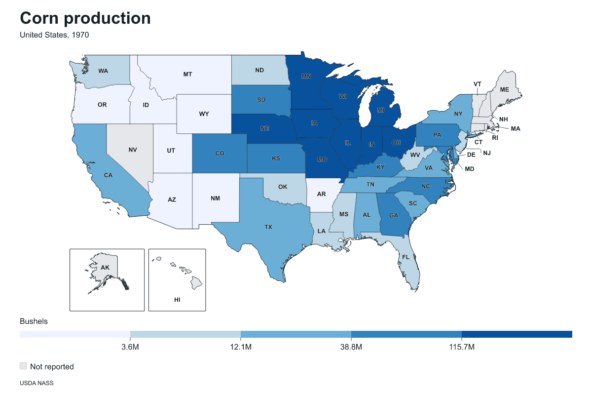 Corn production by state in United States, 1970. Measured in bushels of corn. Source: USDA National Agricultural Statistics Service (NASS).
