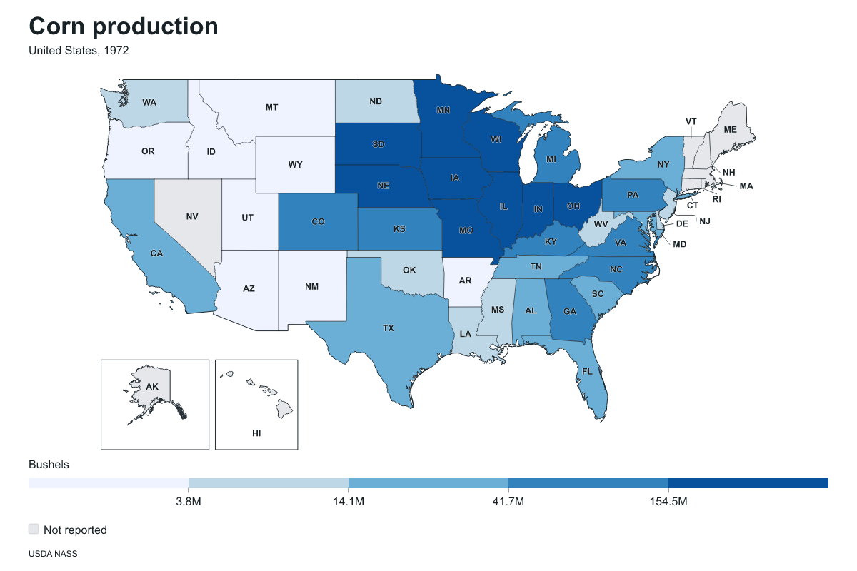 Corn production by state in United States, 1972. Measured in bushels of corn. Source: USDA National Agricultural Statistics Service (NASS).