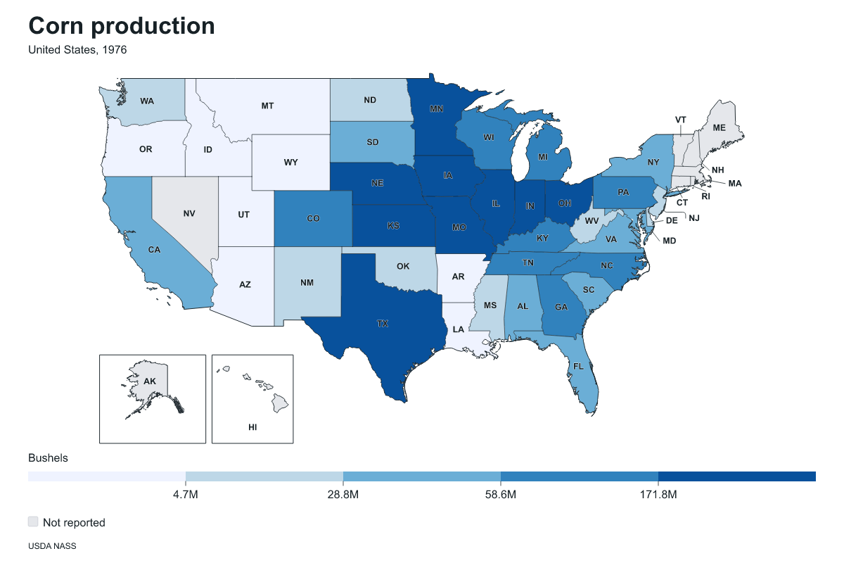 Corn production by state in United States, 1976. Measured in bushels of corn. Source: USDA National Agricultural Statistics Service (NASS).