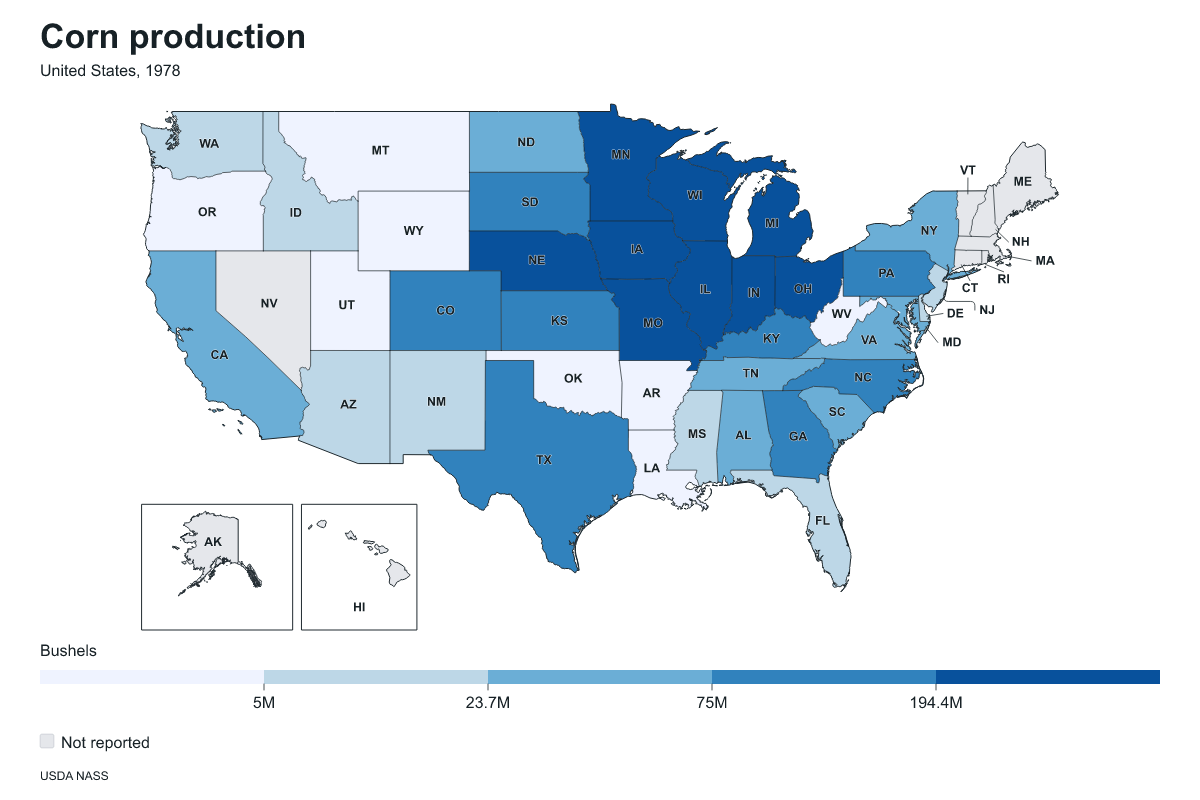 Corn production by state in United States, 1978. Measured in bushels of corn. Source: USDA National Agricultural Statistics Service (NASS).