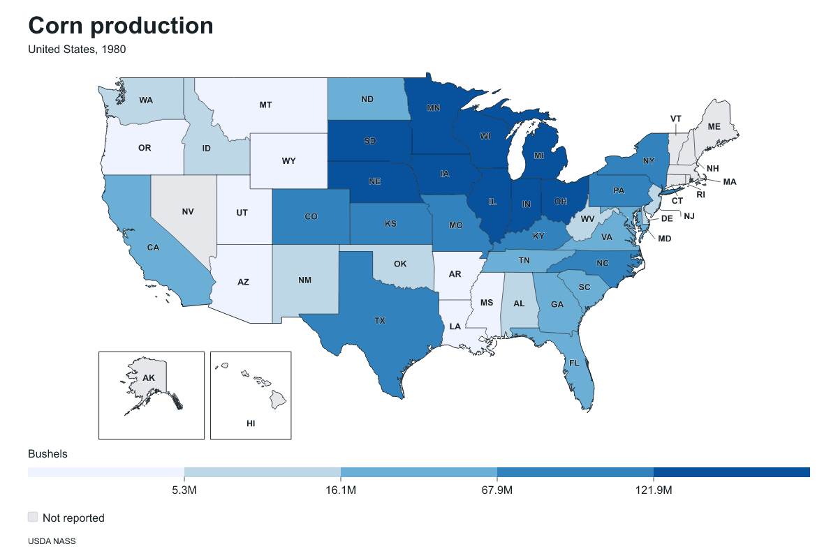 Corn production by state in United States, 1980. Measured in bushels of corn. Source: USDA National Agricultural Statistics Service (NASS).