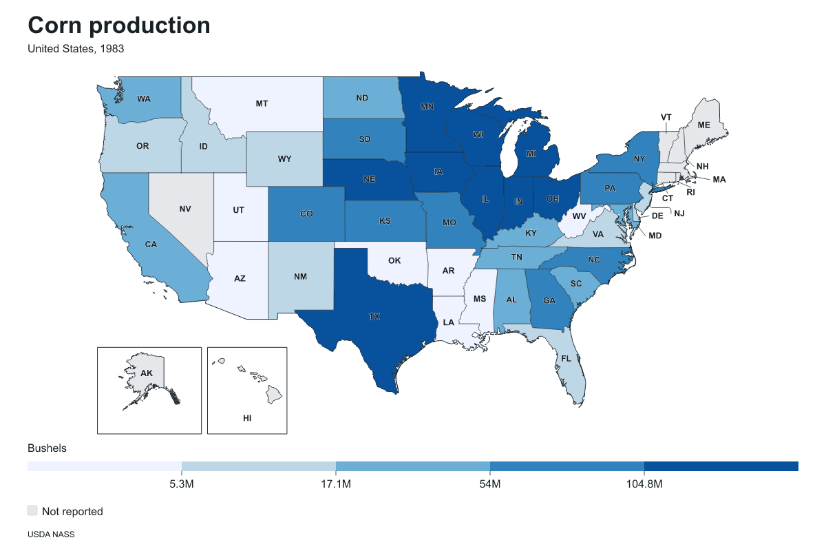Corn production by state in United States, 1983. Measured in bushels of corn. Source: USDA National Agricultural Statistics Service (NASS).