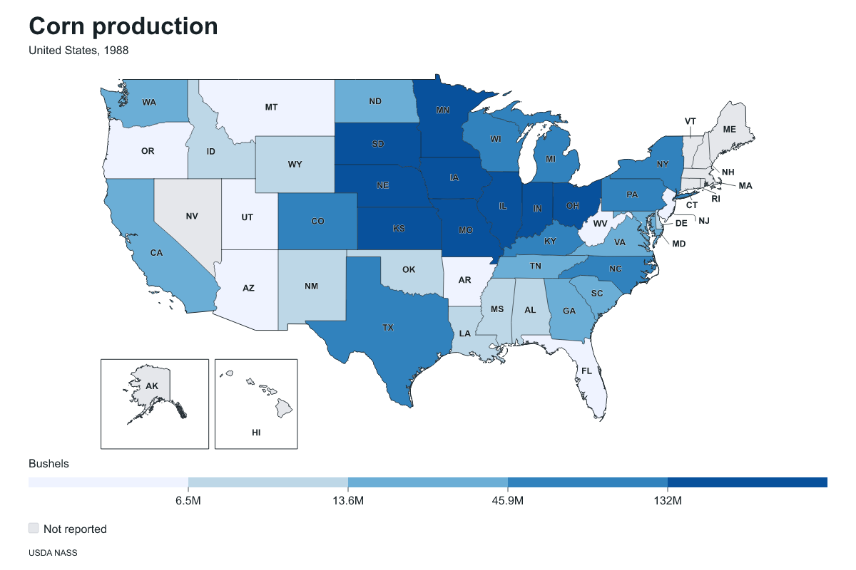 Corn production by state in United States, 1988. Measured in bushels of corn. Source: USDA National Agricultural Statistics Service (NASS).