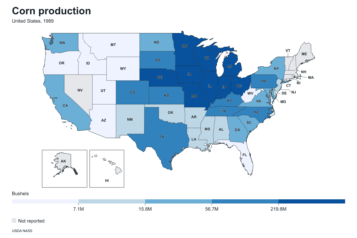 Corn production by state in United States, 1989. Measured in bushels of corn. Source: USDA National Agricultural Statistics Service (NASS).