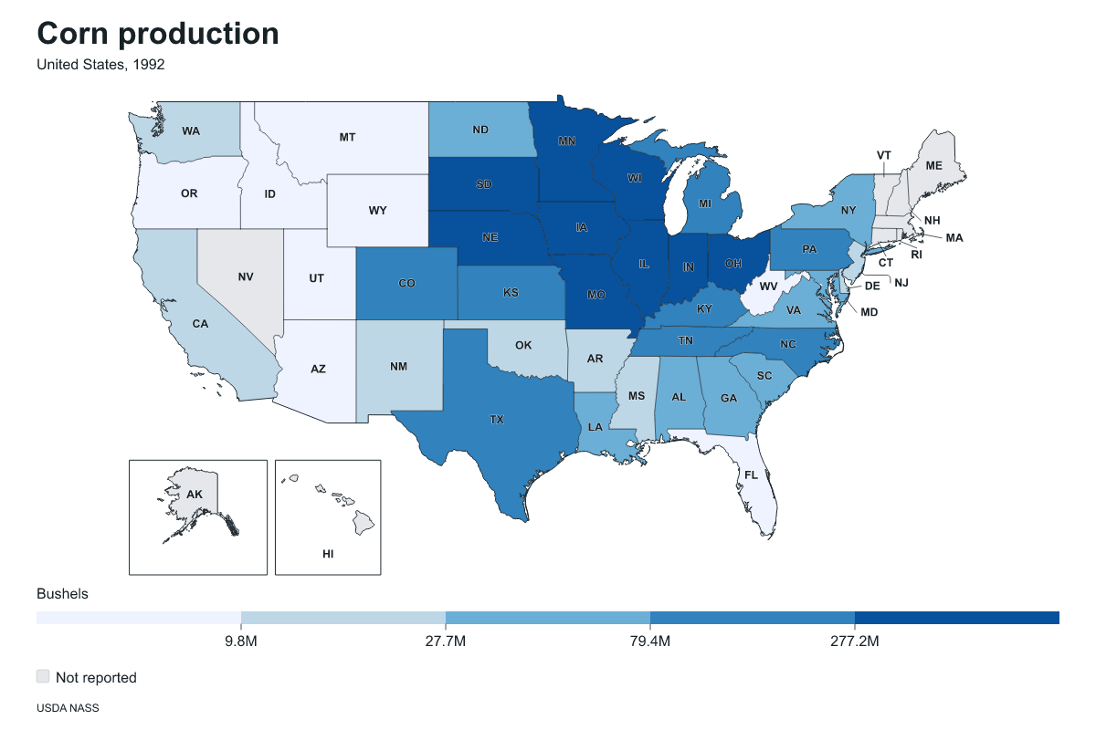 Corn production by state in United States, 1992. Measured in bushels of corn. Source: USDA National Agricultural Statistics Service (NASS).