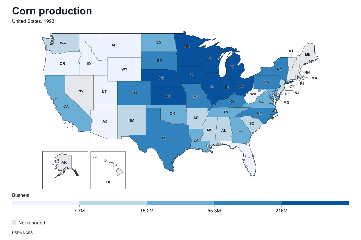 Corn production by state in United States, 1993. Measured in bushels of corn. Source: USDA National Agricultural Statistics Service (NASS).