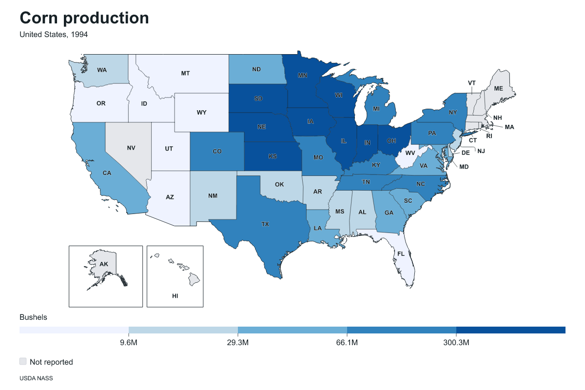 Corn production by state in United States, 1994. Measured in bushels of corn. Source: USDA National Agricultural Statistics Service (NASS).
