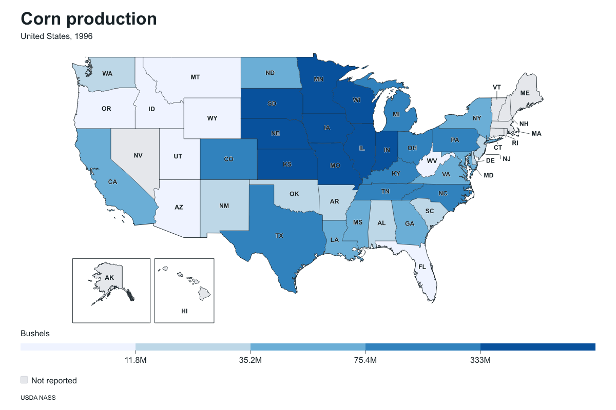 Corn production by state in United States, 1996. Measured in bushels of corn. Source: USDA National Agricultural Statistics Service (NASS).