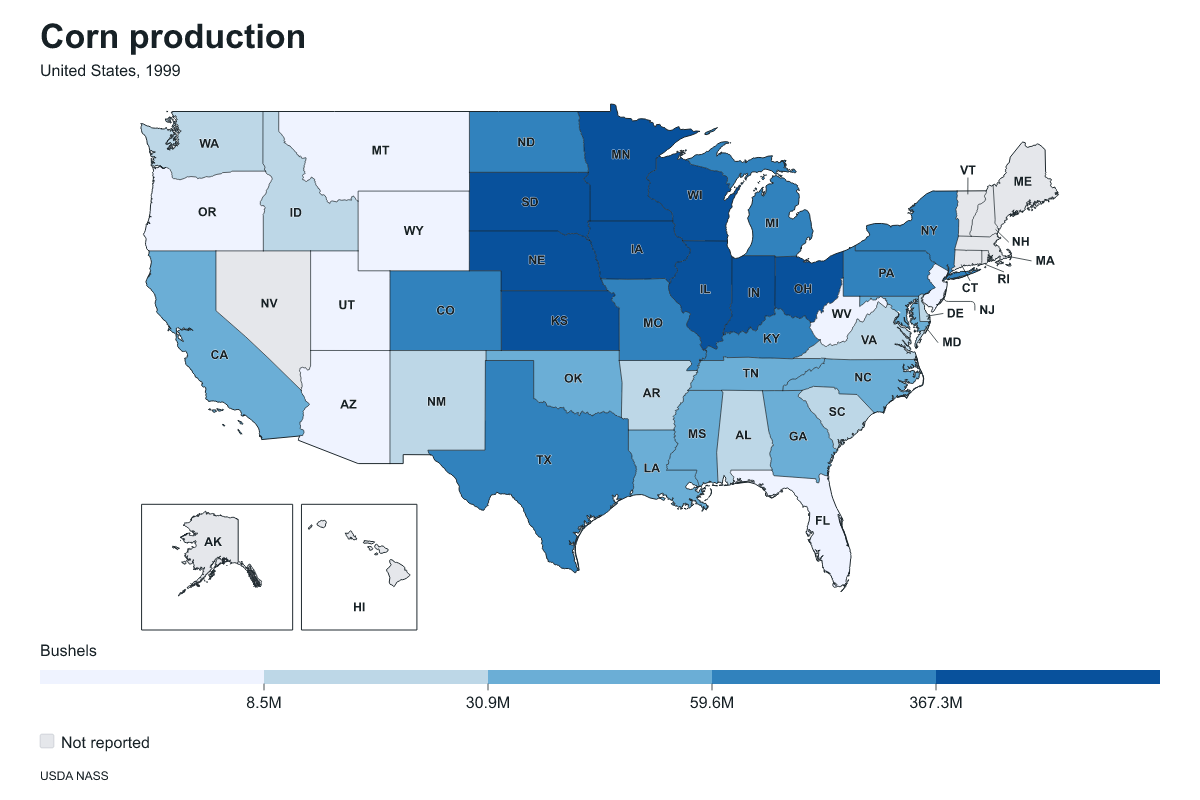 Corn production by state in United States, 1999. Measured in bushels of corn. Source: USDA National Agricultural Statistics Service (NASS).