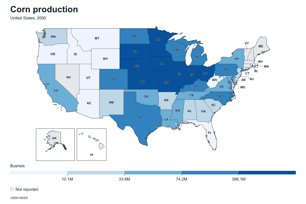 Corn production by state in United States, 2000. Measured in bushels of corn. Source: USDA National Agricultural Statistics Service (NASS).