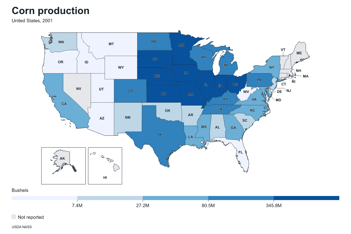 Corn production by state in United States, 2001. Measured in bushels of corn. Source: USDA National Agricultural Statistics Service (NASS).