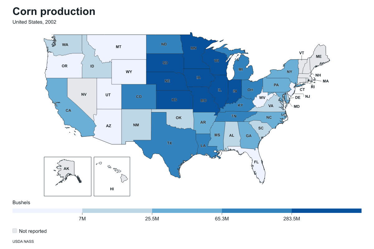 Corn production by state in United States, 2002. Measured in bushels of corn. Source: USDA National Agricultural Statistics Service (NASS).
