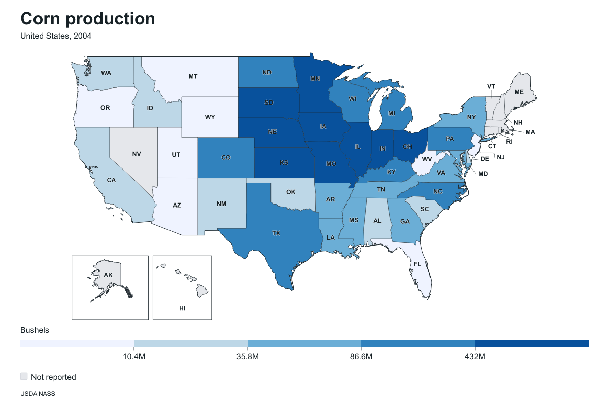 Corn production by state in United States, 2004. Measured in bushels of corn. Source: USDA National Agricultural Statistics Service (NASS).