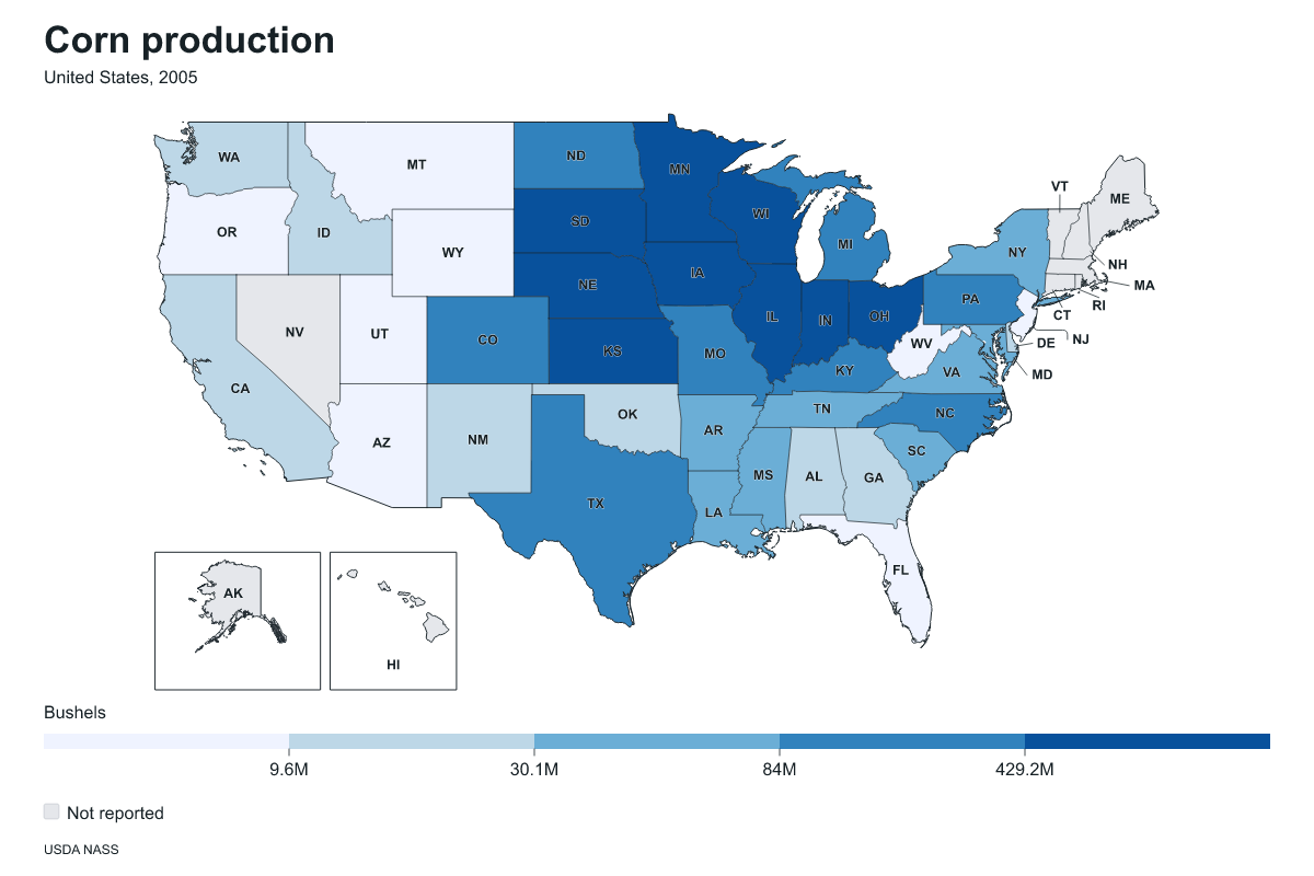 Corn production by state in United States, 2005. Measured in bushels of corn. Source: USDA National Agricultural Statistics Service (NASS).