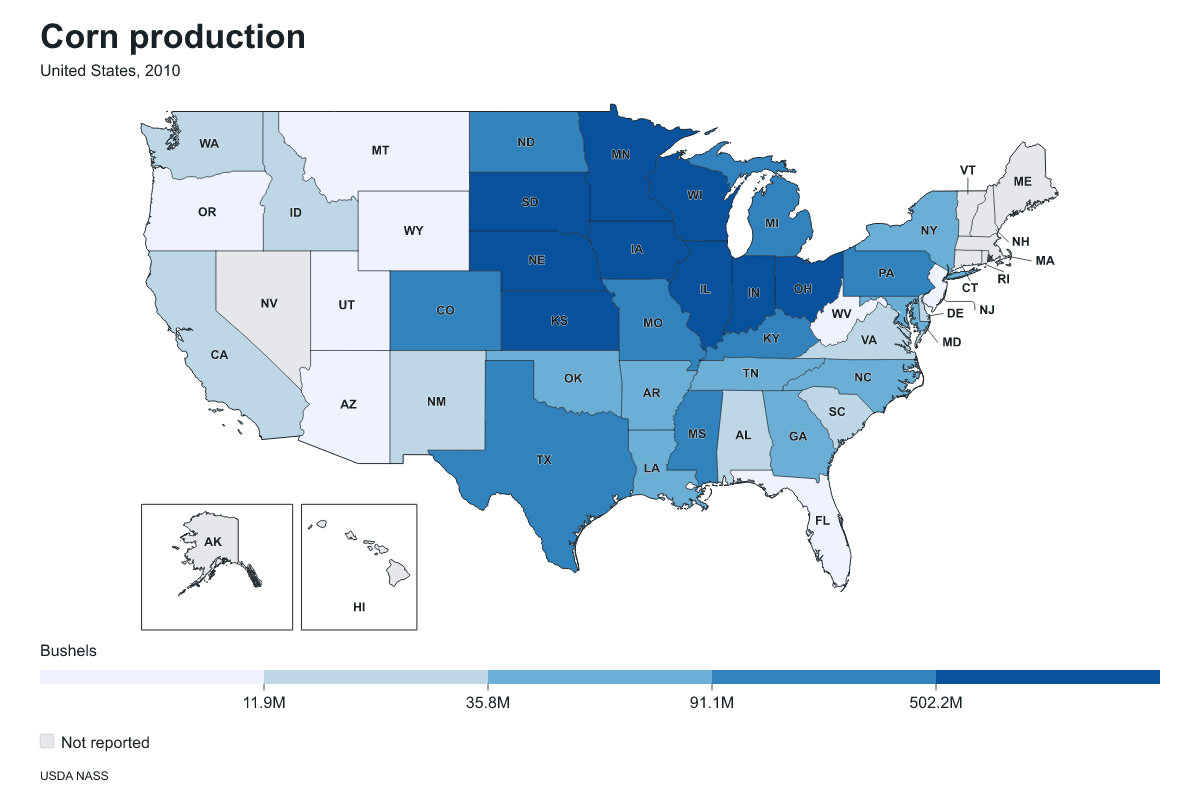Corn production by state in United States, 2010. Measured in bushels of corn. Source: USDA National Agricultural Statistics Service (NASS).